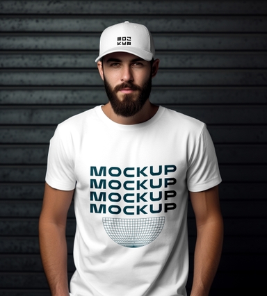 Bearded Man Wearing T-Shirt and Cap Mockup Front View