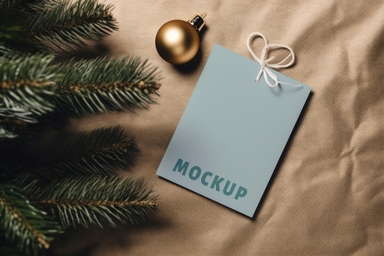 Tag Mockup with Christmas Pine Needle and Bulb