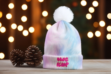 Beanie Cap Mockup with Pine Cones and light in Background