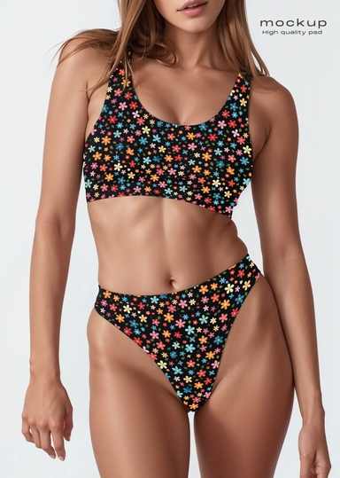 American Woman Wearing Black Sports Bra and Brief Mockup