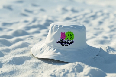 White Bucket Hat Mockup on Sandy Beach