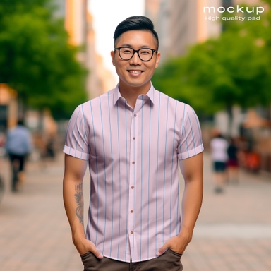 Chinese Man in Street Wearing Half Sleeves Shirt Mockup