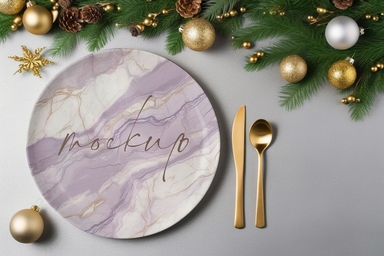 Elegant Ceramic Plate and Cutlery Mockup on Clear Surface