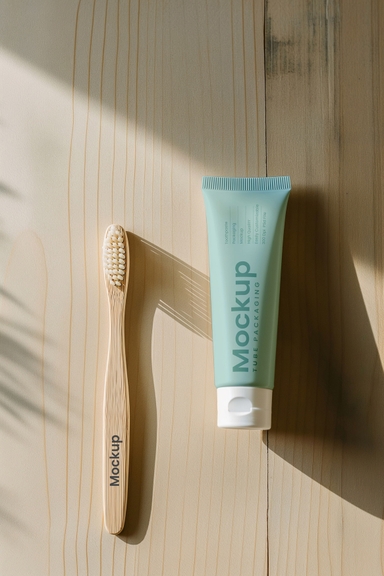 Toothpaste Tube and Toothbrush Mockup on Wooden Table