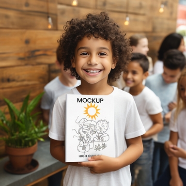 Smiling Brown Hair Boy Presents Hardcover Book Mockup