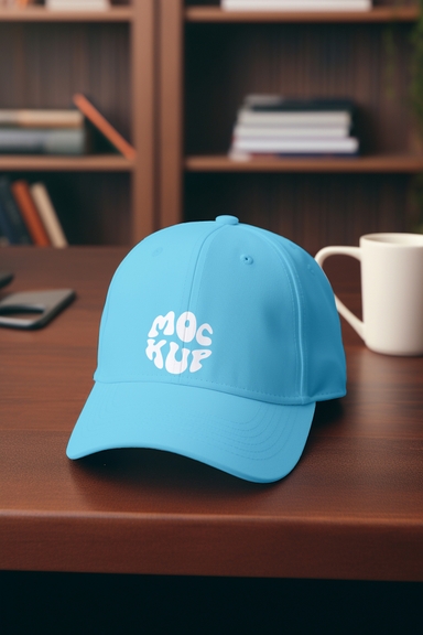 Baseball Cap Mockup on Wooden Table with Coffee Cup