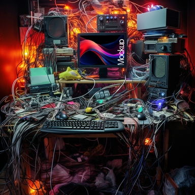 Computer Mockup on Table with Cable Mess