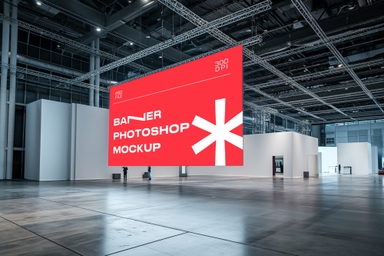 Banner PSD Mockup Hanging Through Ceiling in Factory