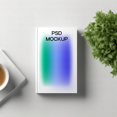 Flat Lay Book Mockup with Tea Cup and Plant Pot