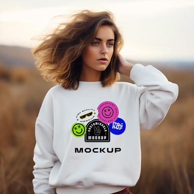 American Woman Shows Sweatshirt Mockup in Field