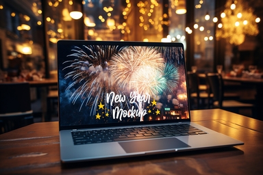 Portable Computer Display Mockup on Clean Wooden Table