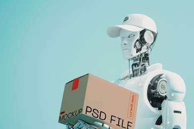 AI Robot Holding Box Mockup