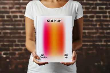 Women Holding Book PSD Mockup on Brick Wall Background