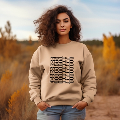 Curly-Haired Woman in Sweatshirt Mockup Amidst Farm Beauty