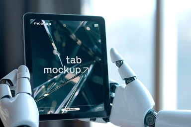 Robot Holding Vertically Tablet PSD Mockup