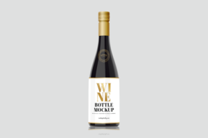 Digital mockup of a clear glass wine bottle with a cork stopper.