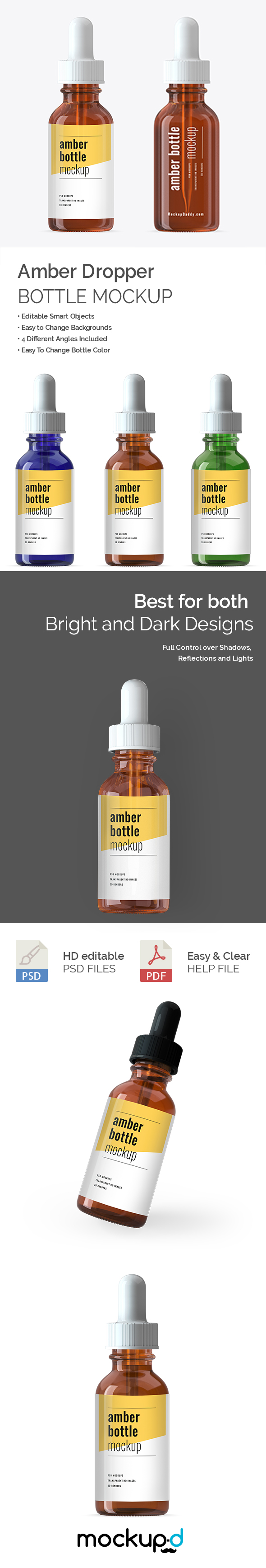 Two amber dropper bottles mockup in multicolor bottle on white and grey background.