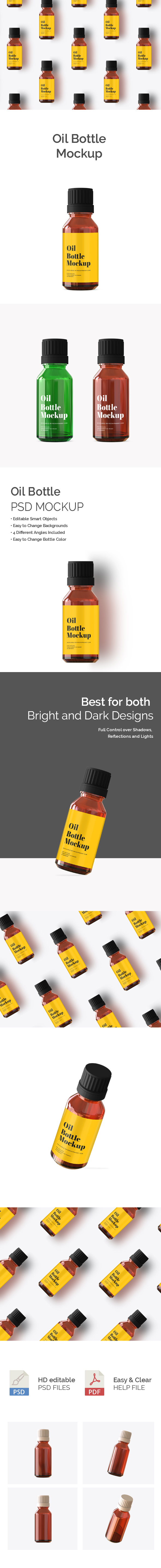 Brown Amber Mini Oil Bottle Mockup with black cap and yellow and transparent label.