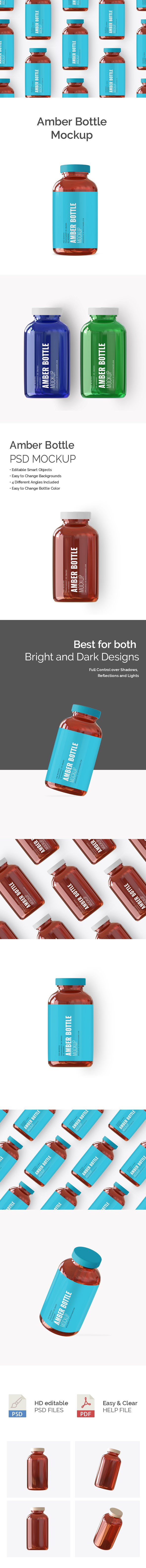  Customizable black Amber Pills Bottle Psd Mockup with different color label and cap.