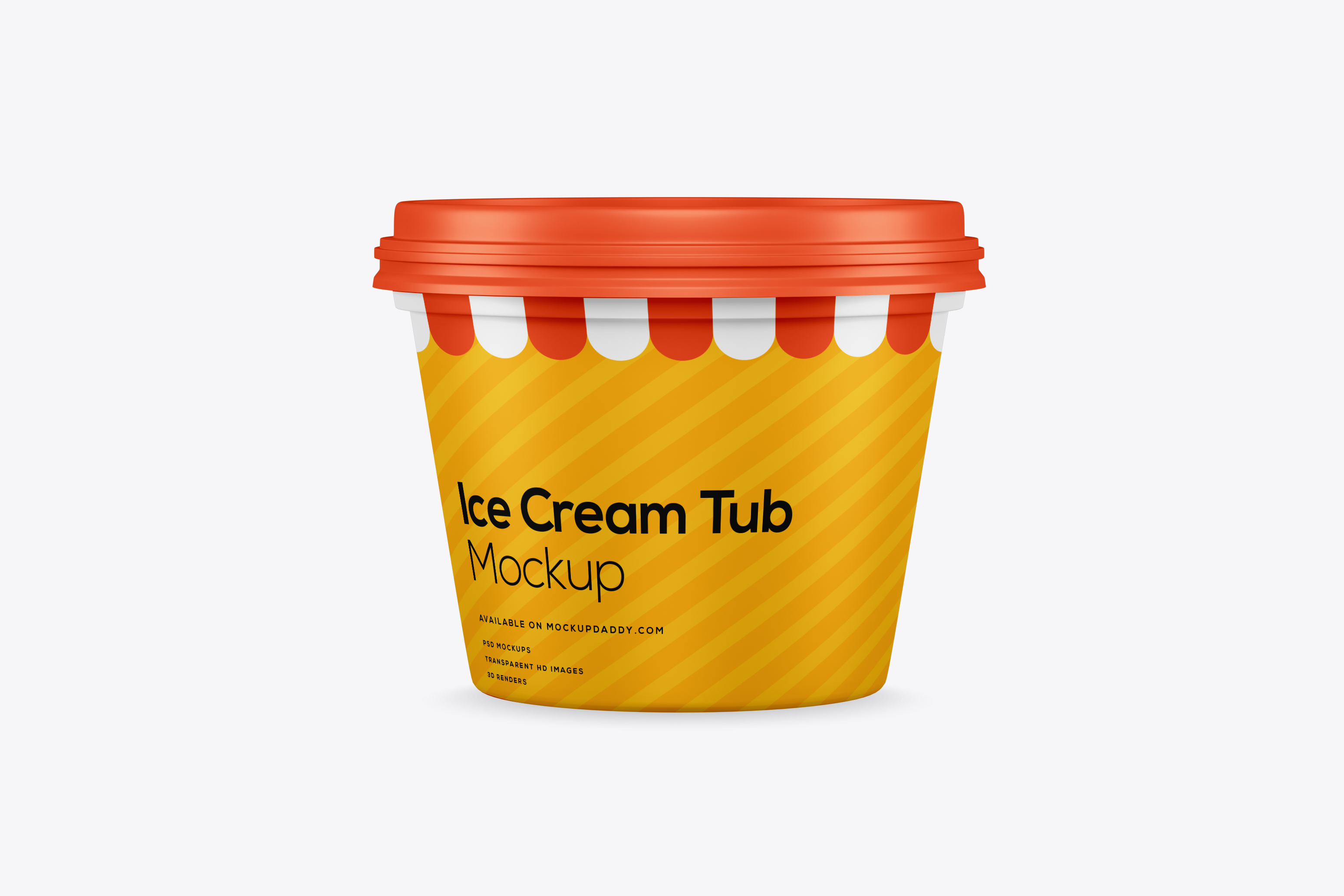 Orange-lidded ice cream tub mockup in PSD with black text.