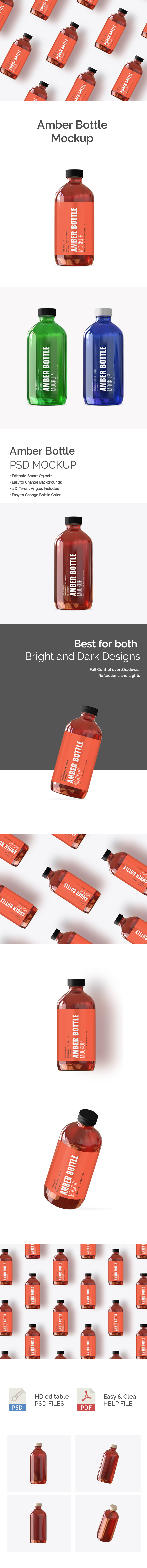 Customizable Pharma Amber Bottle Mockup in different colors and caps
