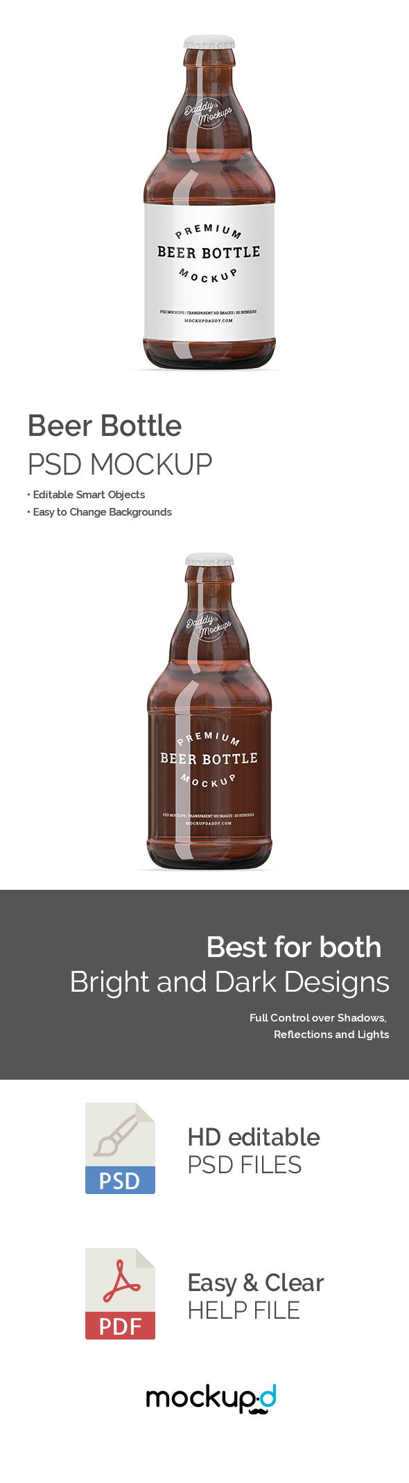 Brown Pint Beer Bottle Mockup with white and transparent labelon white background.