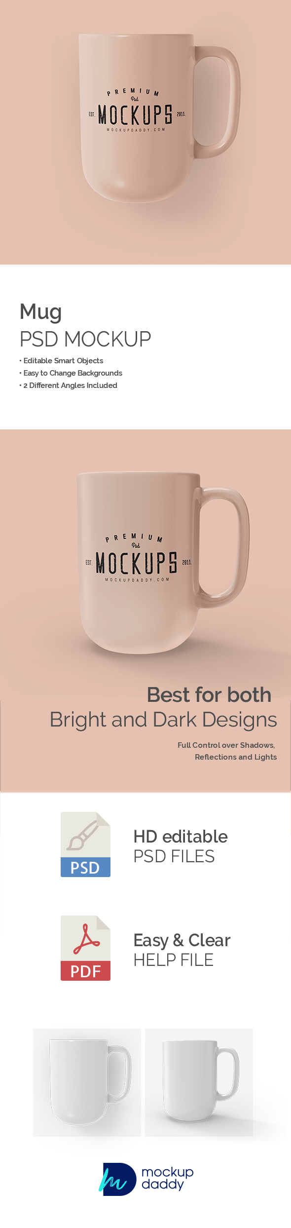 White ceramic mug mockup with a gold handle on a wooden table