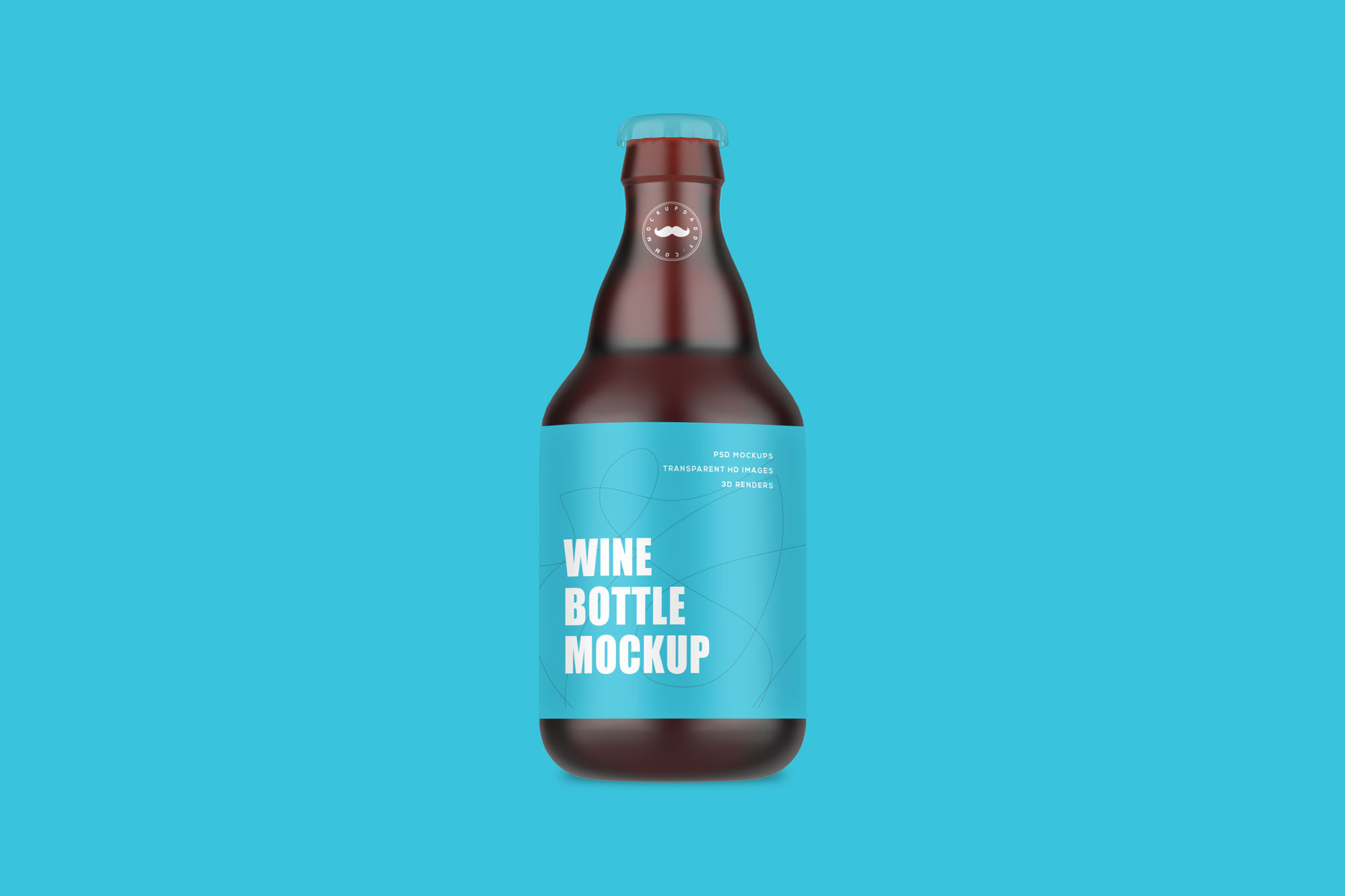 Black Amber Frosted Beer Bottle Mockup with blue label and cap.