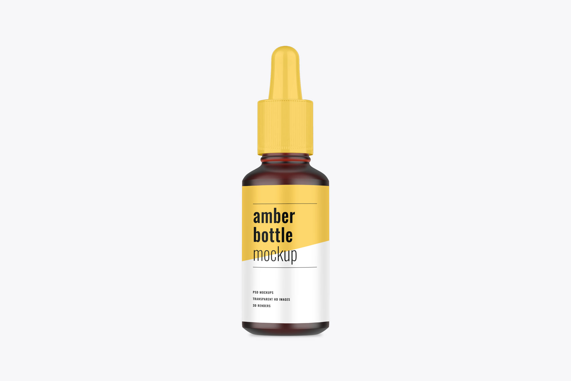Black Dropper Bottle PSD Mockup with yellow and white label and cap.