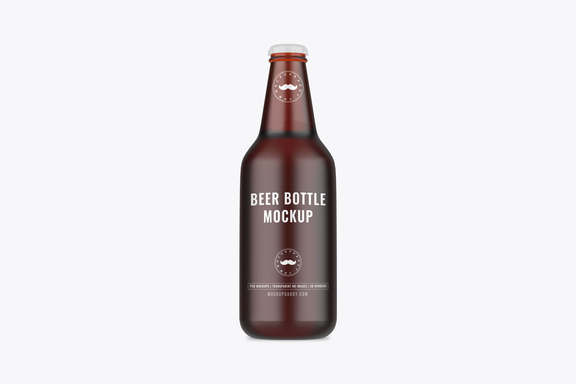 Black Beer Bottle Mockup with Clear Label and white cap.
