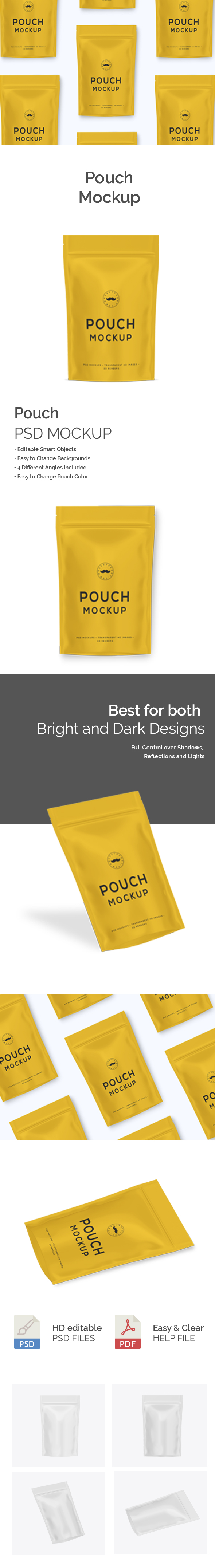 Yellow customizable packaging Pouch Psd Mockup on white background.