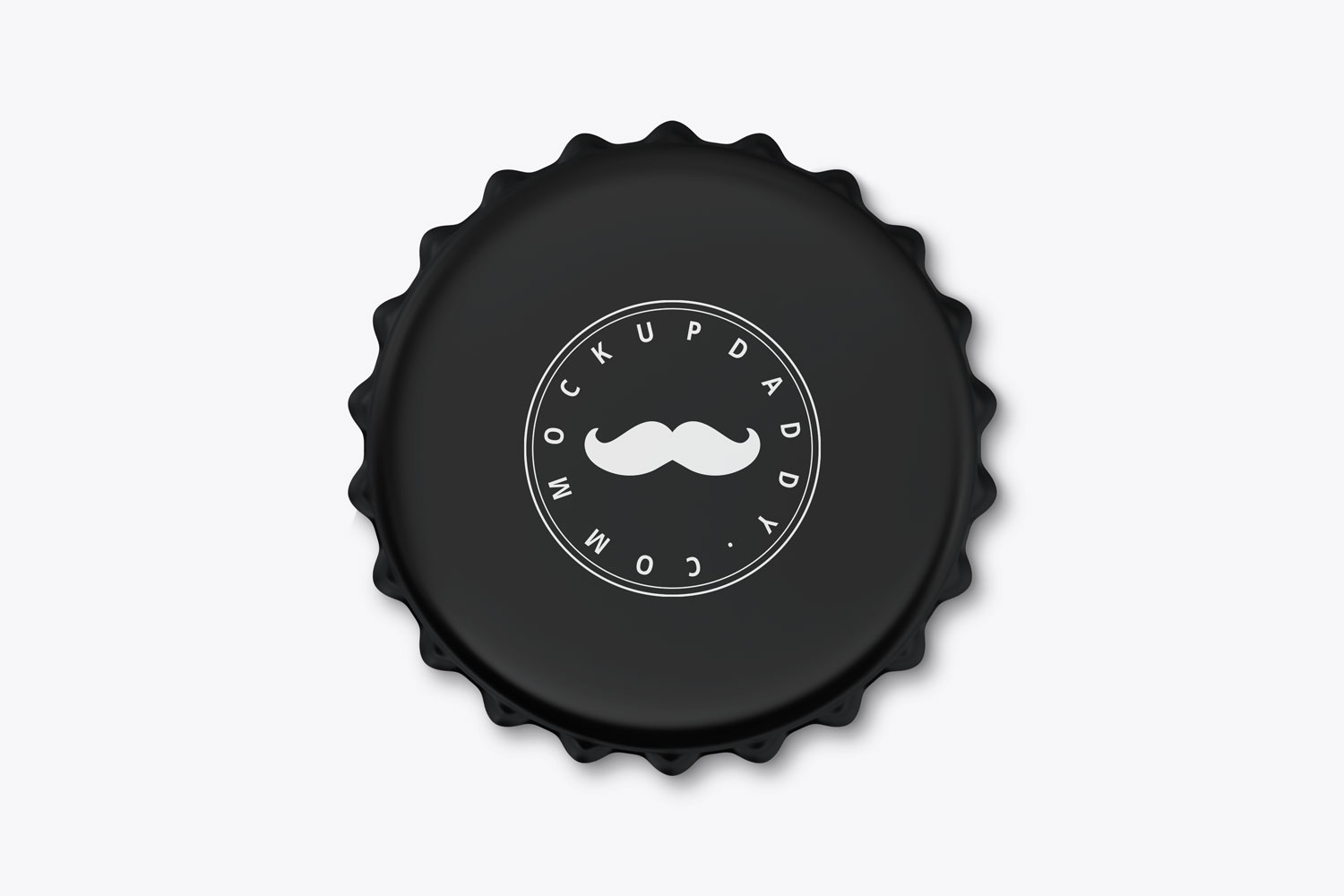 Black and white bottle cap mockup with a mustache design