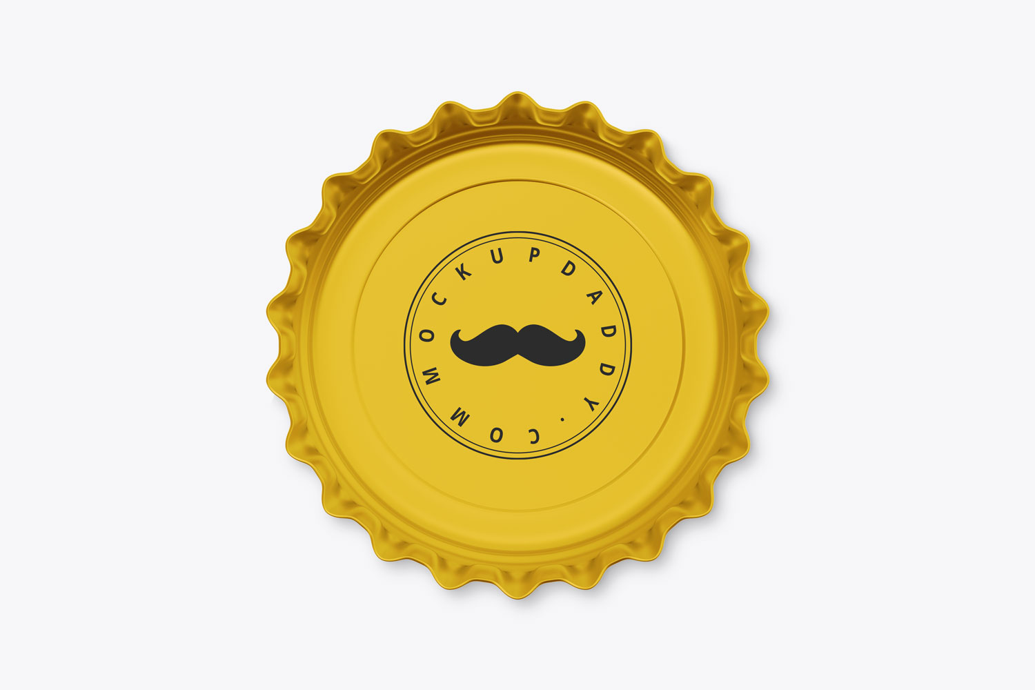 Yellow bottle cap mockup with mustache from back side.