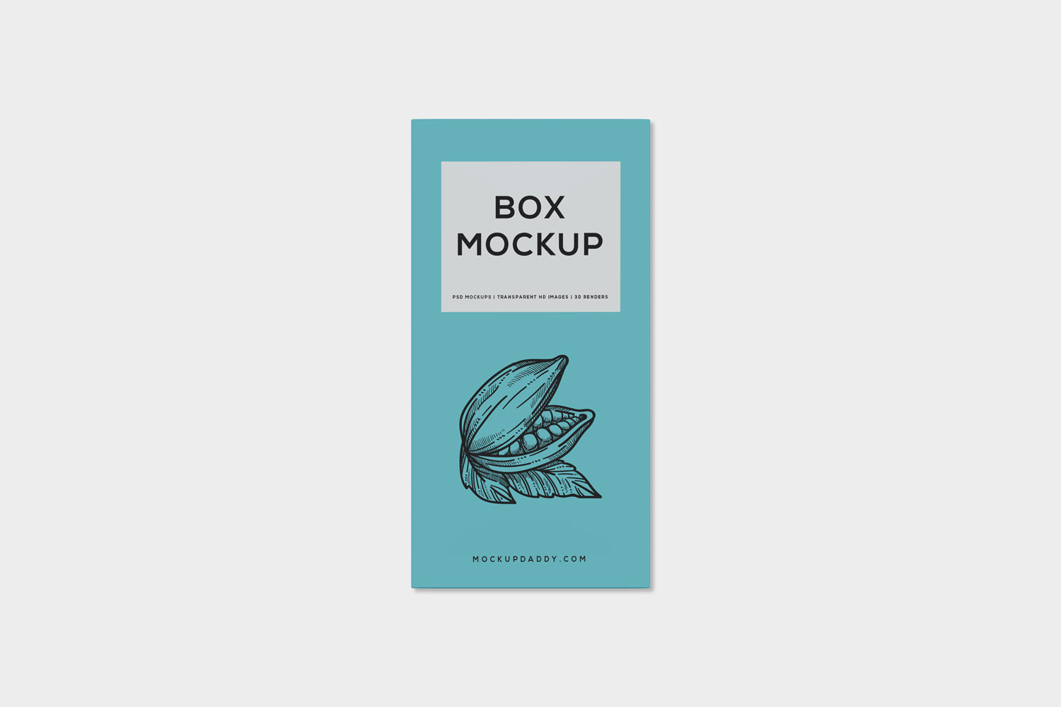 Blue  Cardboard Chocolate Packaging Mockup with cocoa bean illustration.