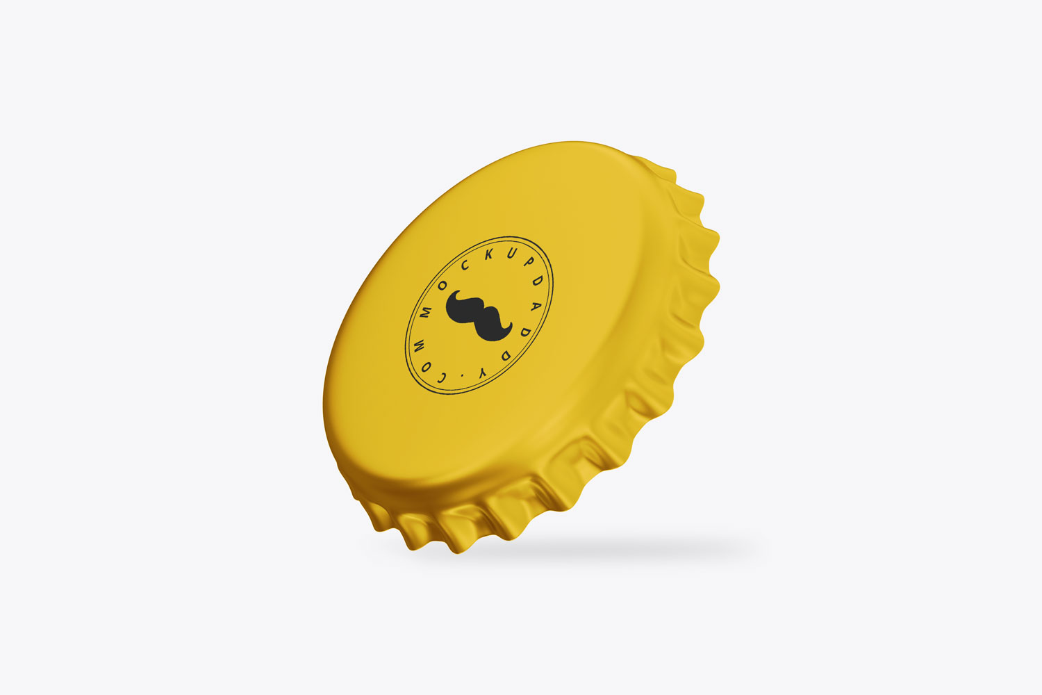 Floating Yellow bottle cap mockup with mustache on white background.