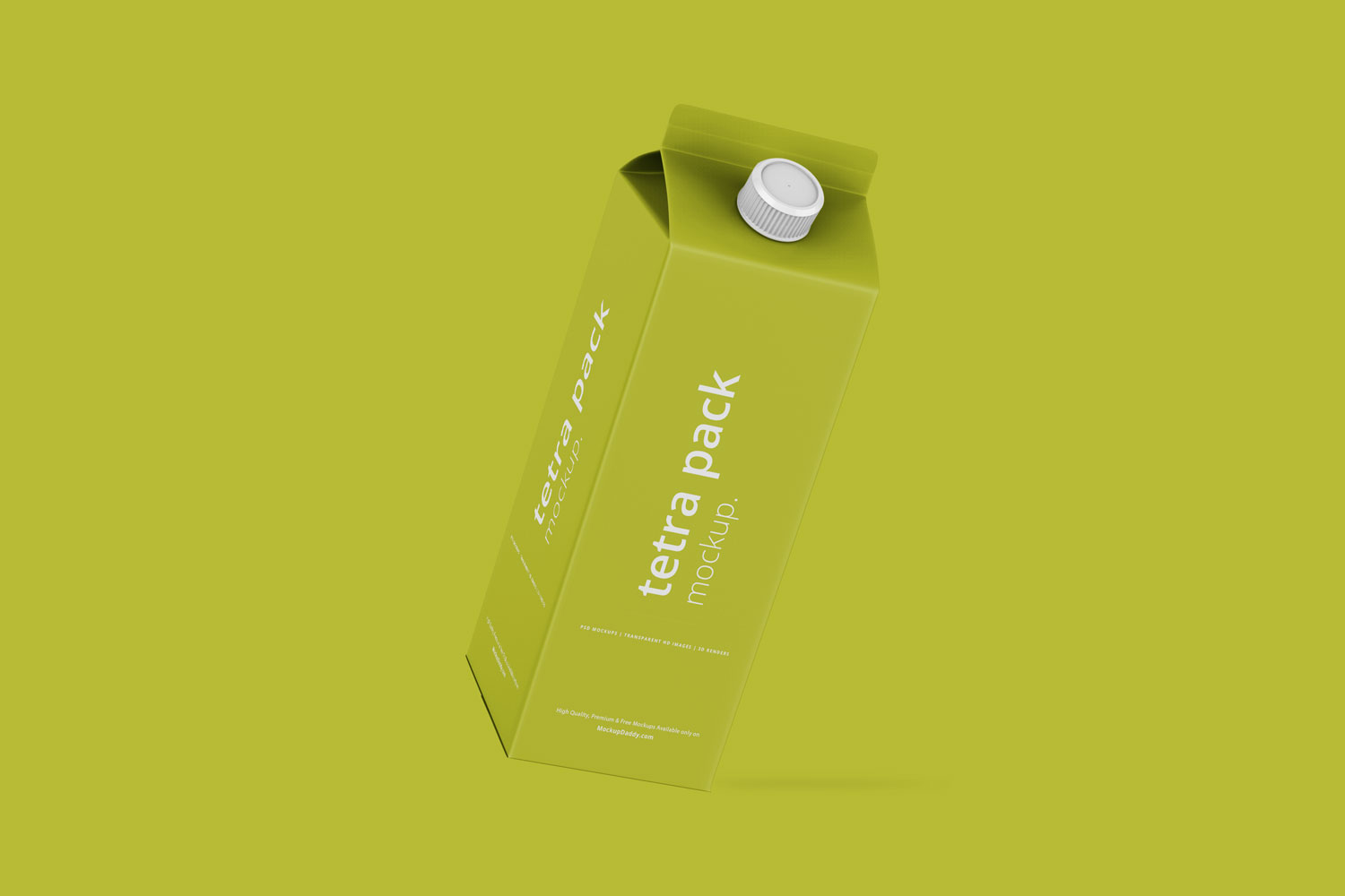 Green Floating Tetra Pack Mockup with a white cap on a green background.