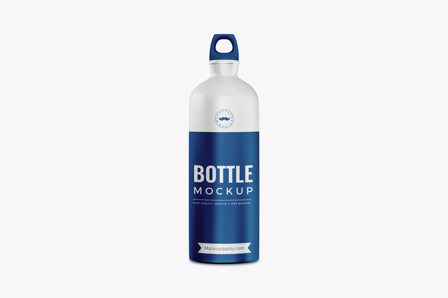 Blue and white sports bottle mockup on white background.