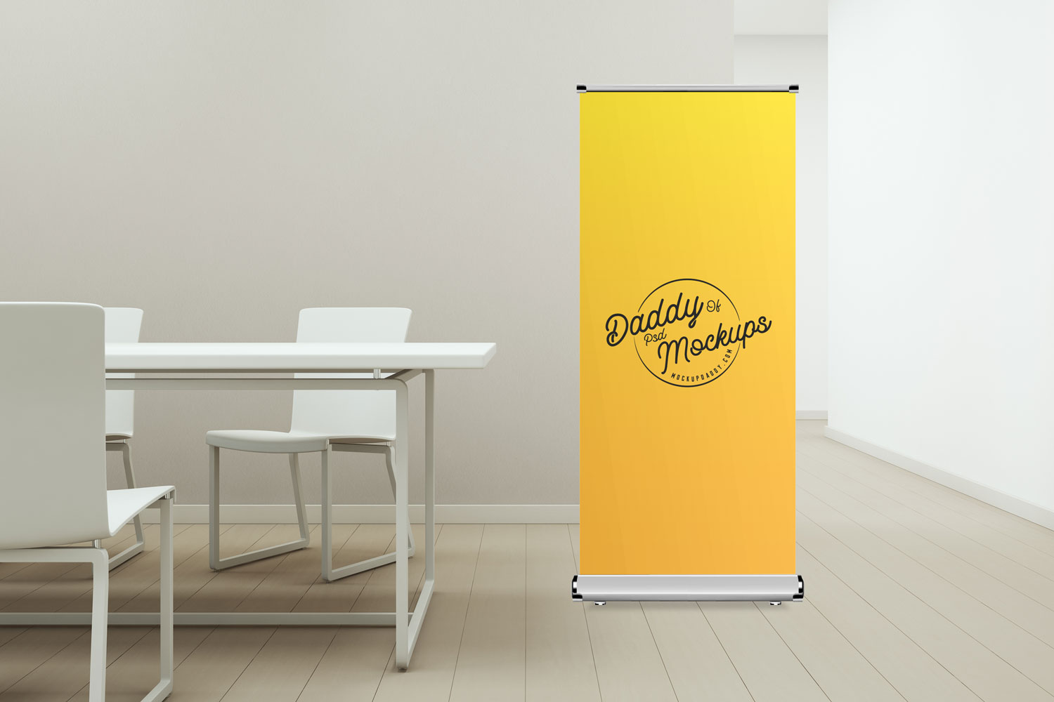 Digital roll-up banner mockup in an office conference room
