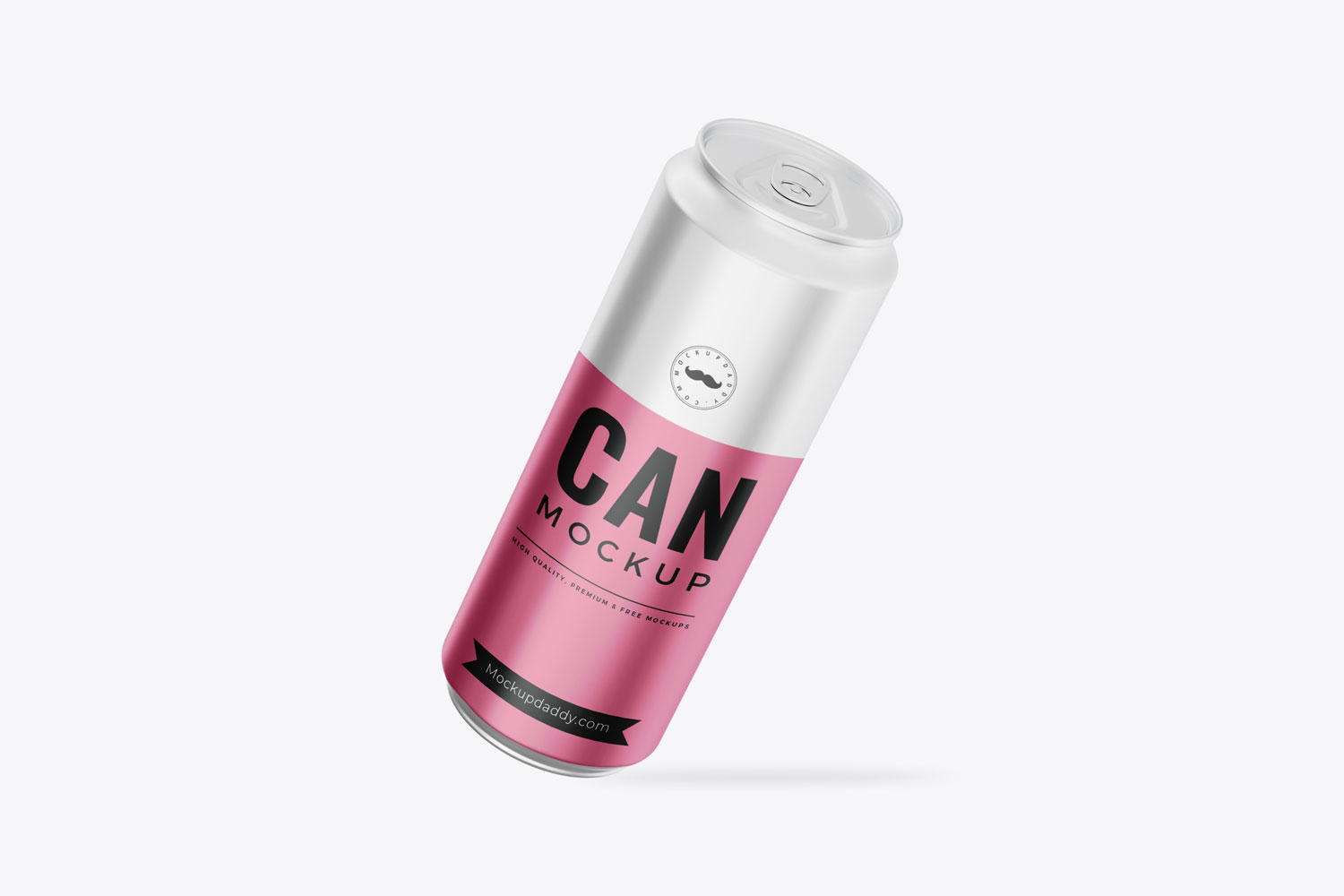 Floating Soda Can Mockup with pink label on white background.