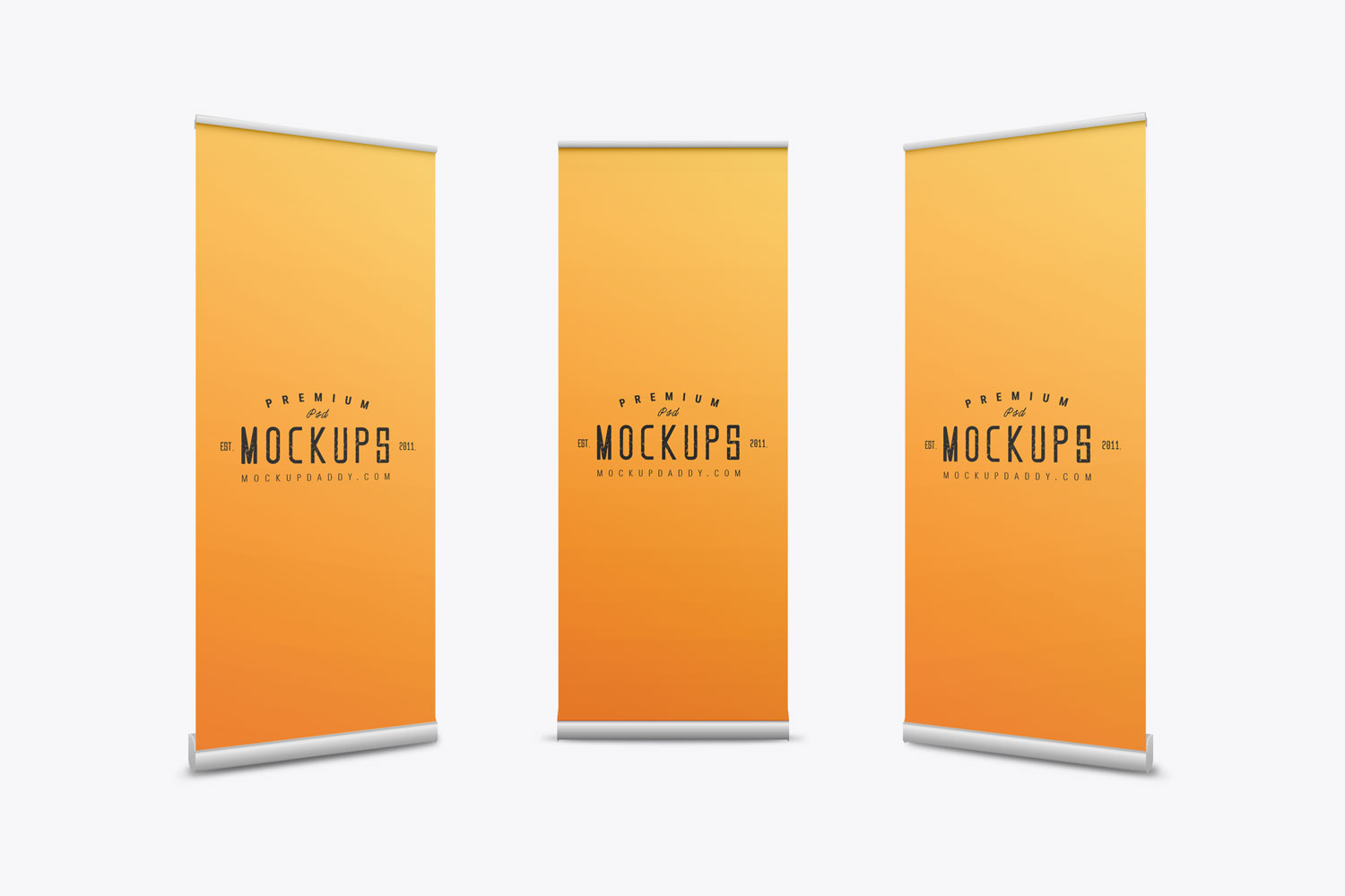 Three vertical roll-up banner mockups on white background