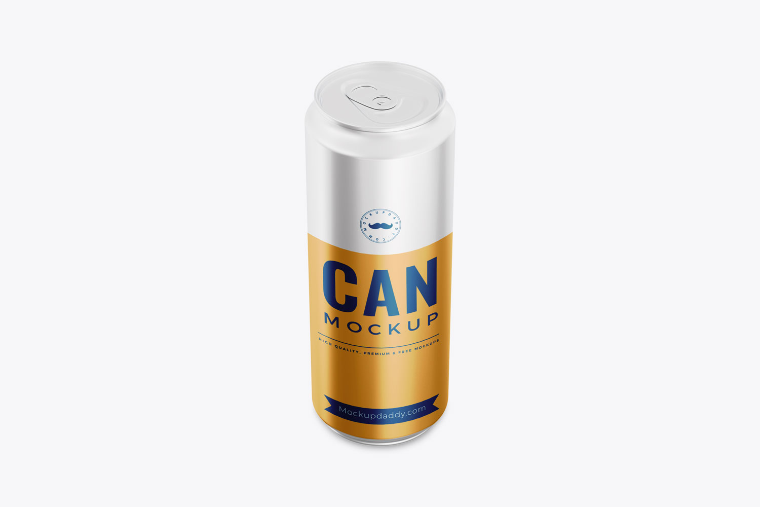 PSD mockup of a soda can with an orange label from the upper side.