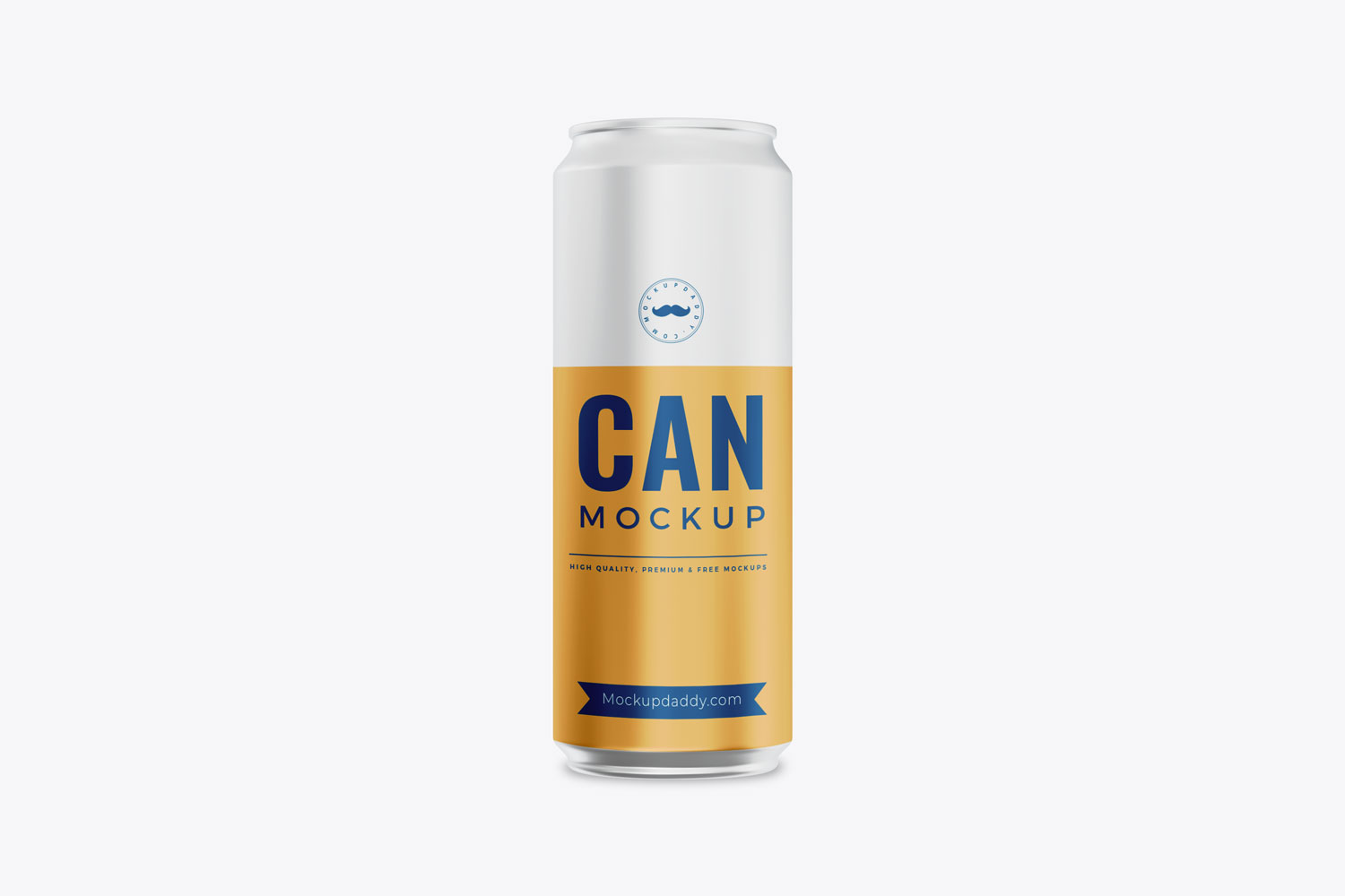 Silver Soda Can Mockup with an orange label from the front side.