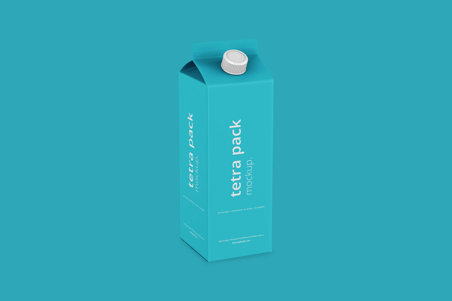 Blue Tetra Pack Mockup with white cap on a blue background.