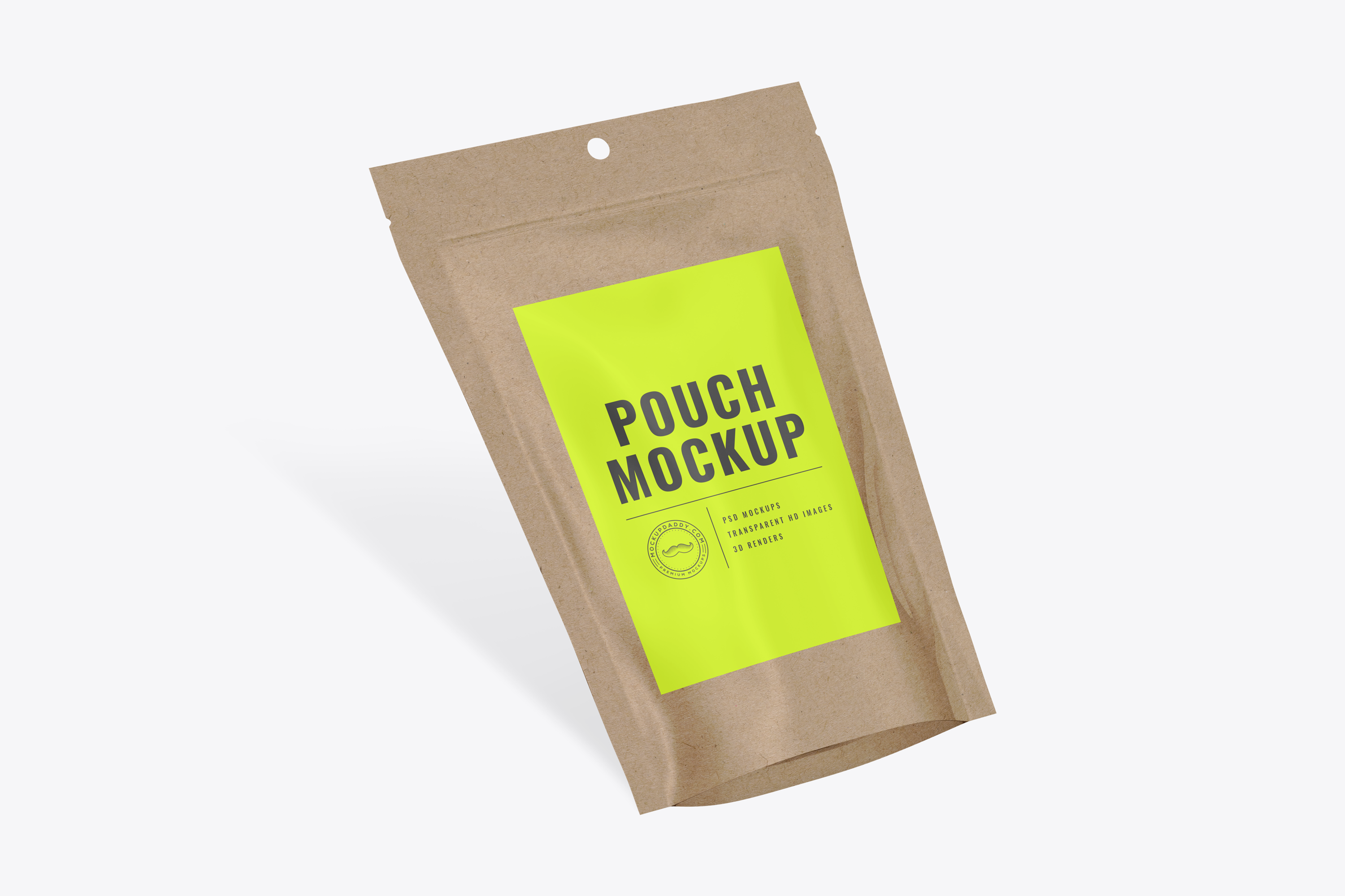 Brown paper pouch with zipper mockup isolated on white background.