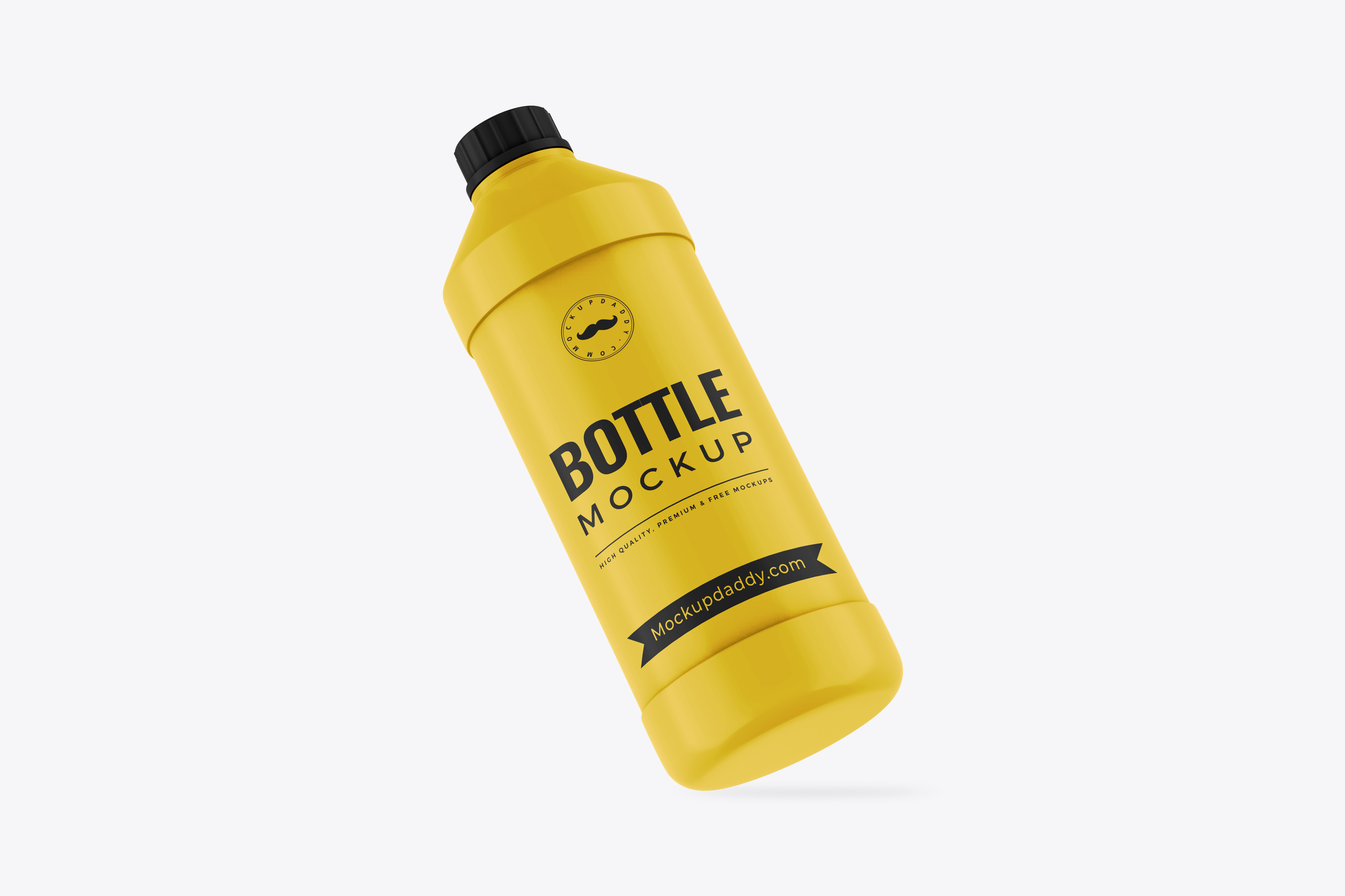Floating Yellow Detergent Bottle Mockup on white background with black cap