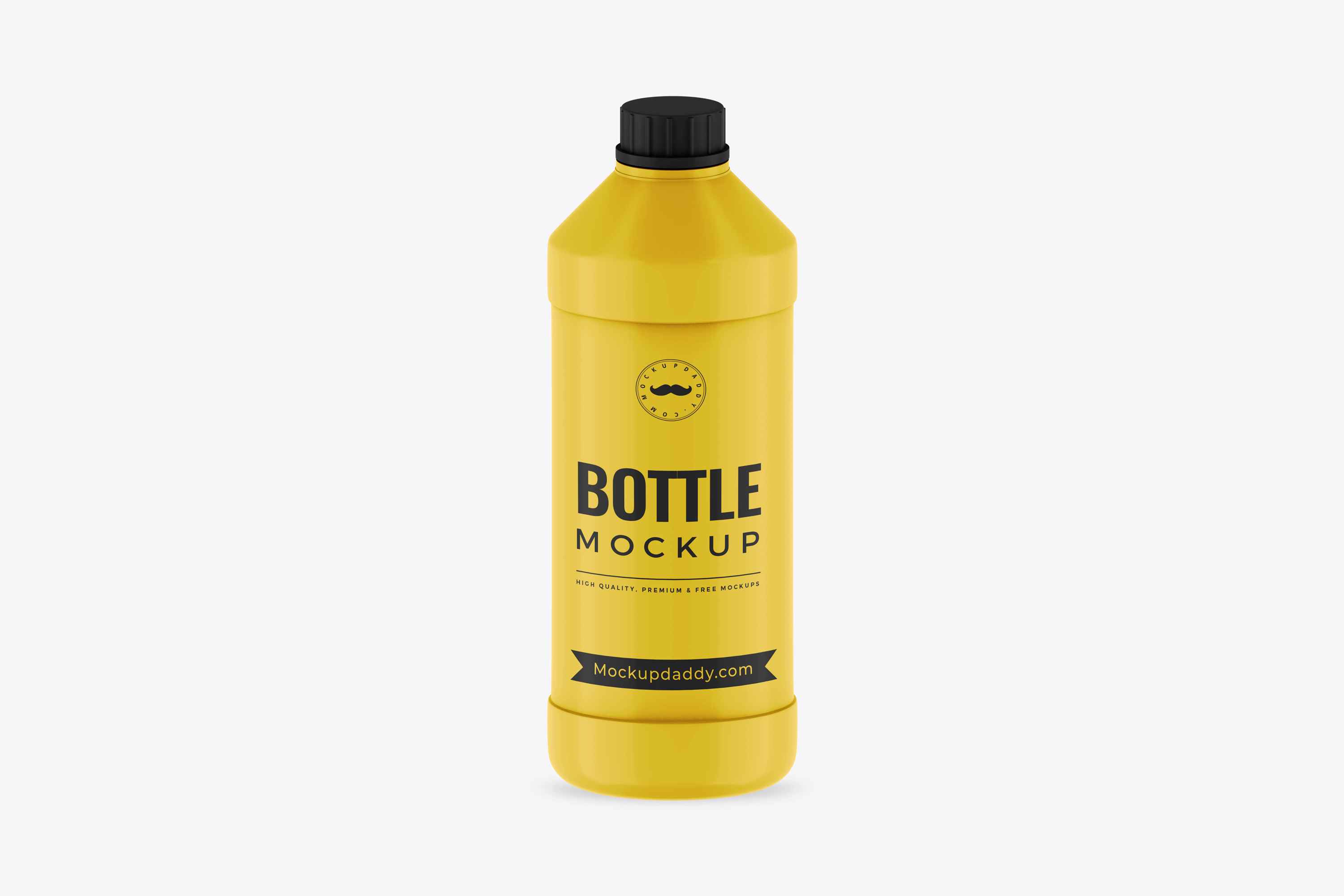 Customizable yellow Detergent Bottle Mockup with black cap .