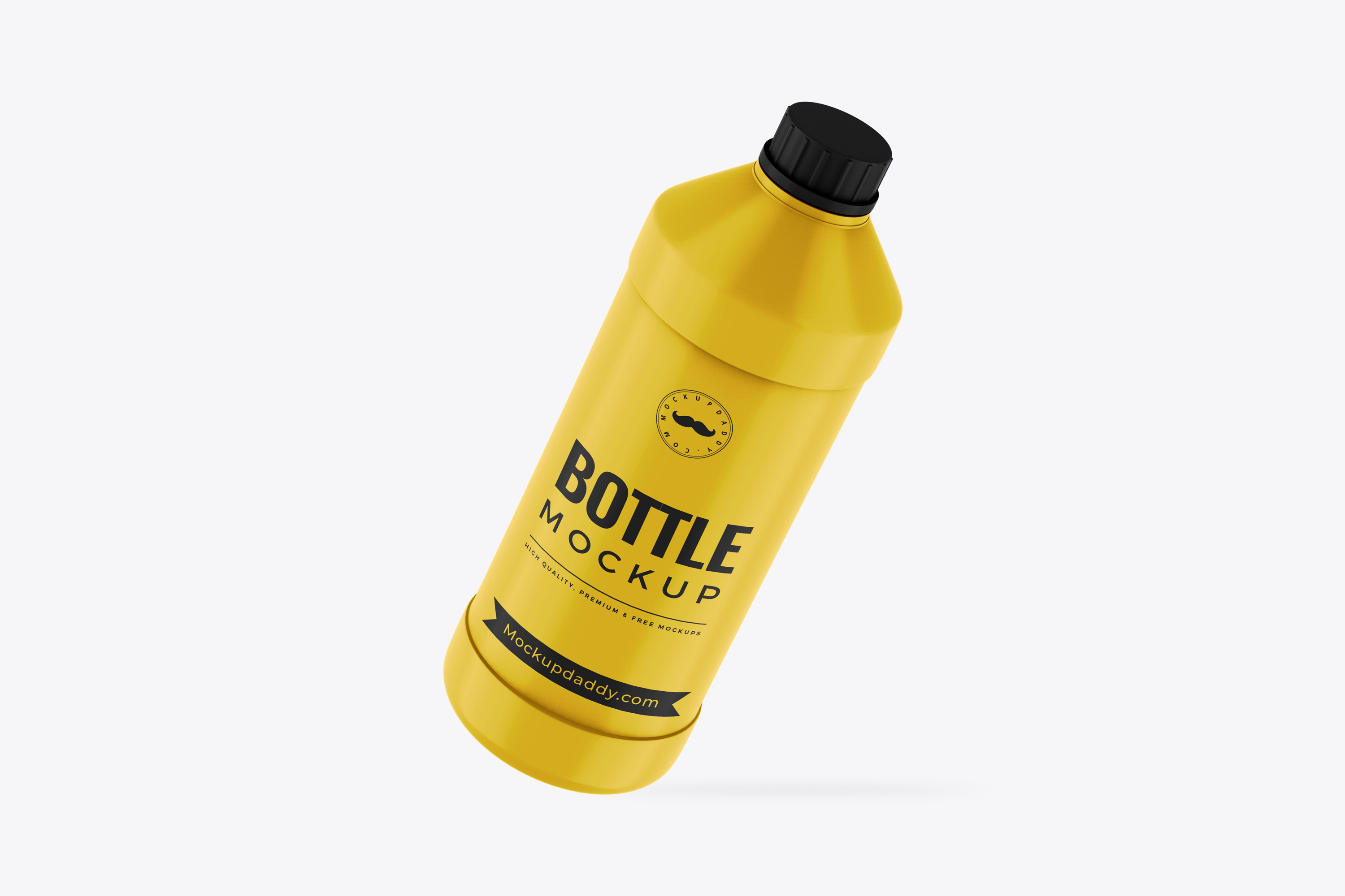 Floating yellow Detergent Bottle PSD Mockup on a white background