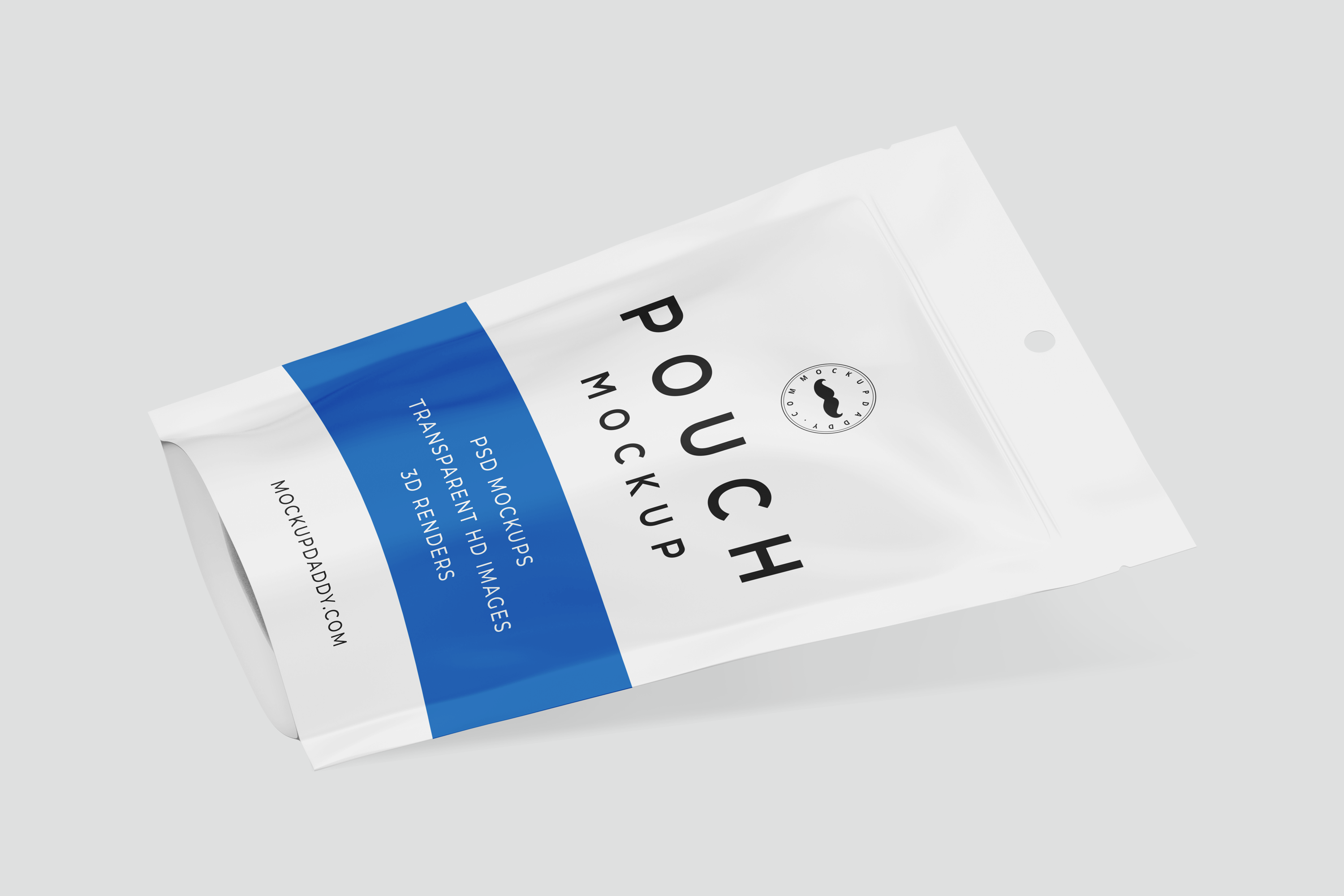 White doypack pouch zipper mockup with blue label.