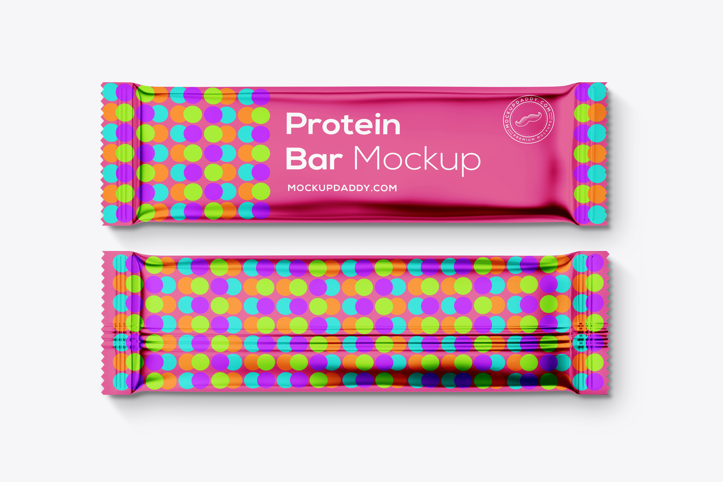 Digital mockup of colorful protein bar packaging from the Front and Back