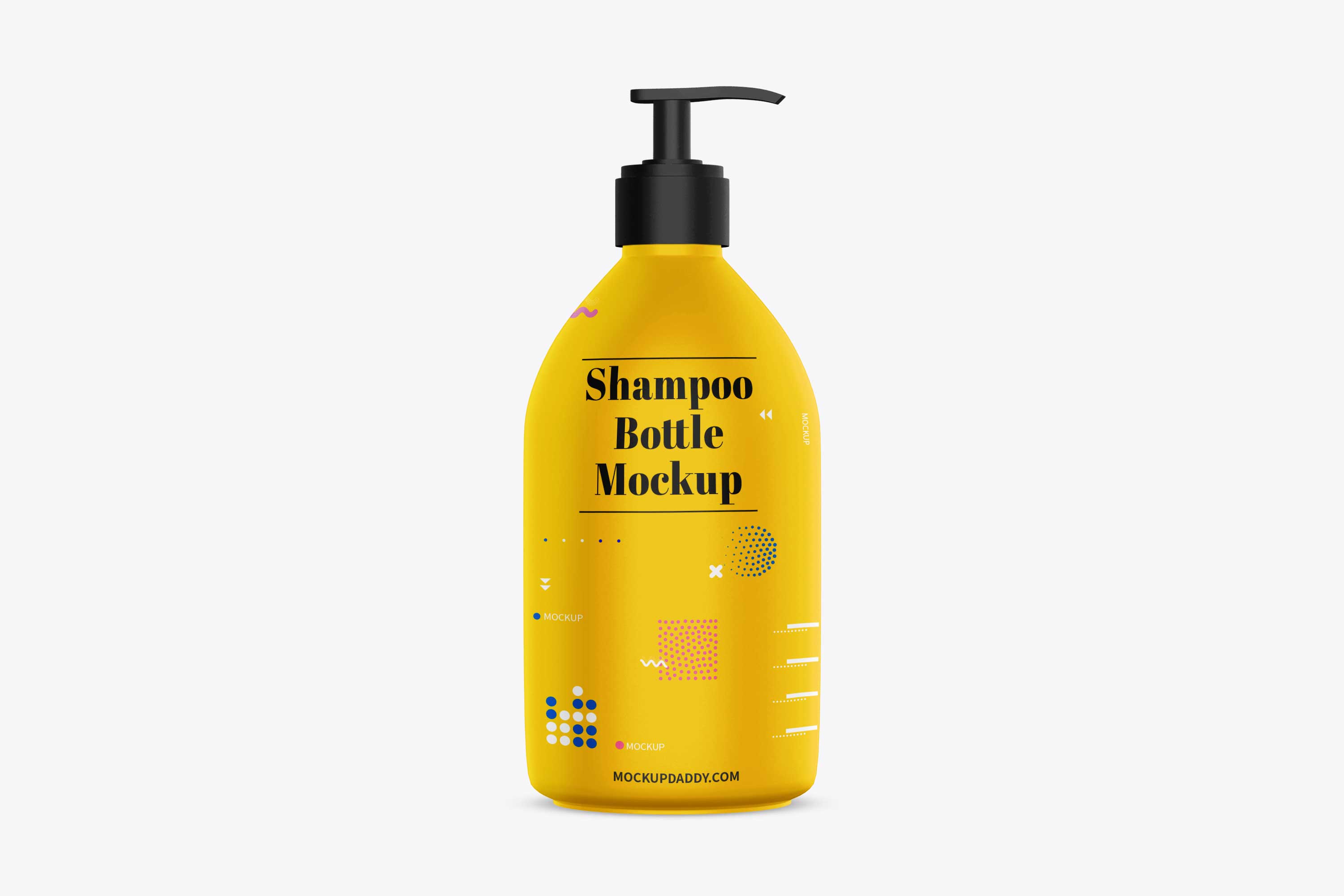 Yellow Shampoo Bottle Mockup with abstract design and black pump.